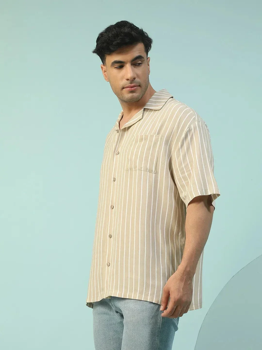King Beige Stripe Print Lapel Collar Short Sleeve Oversized Men Shirt - Image 4