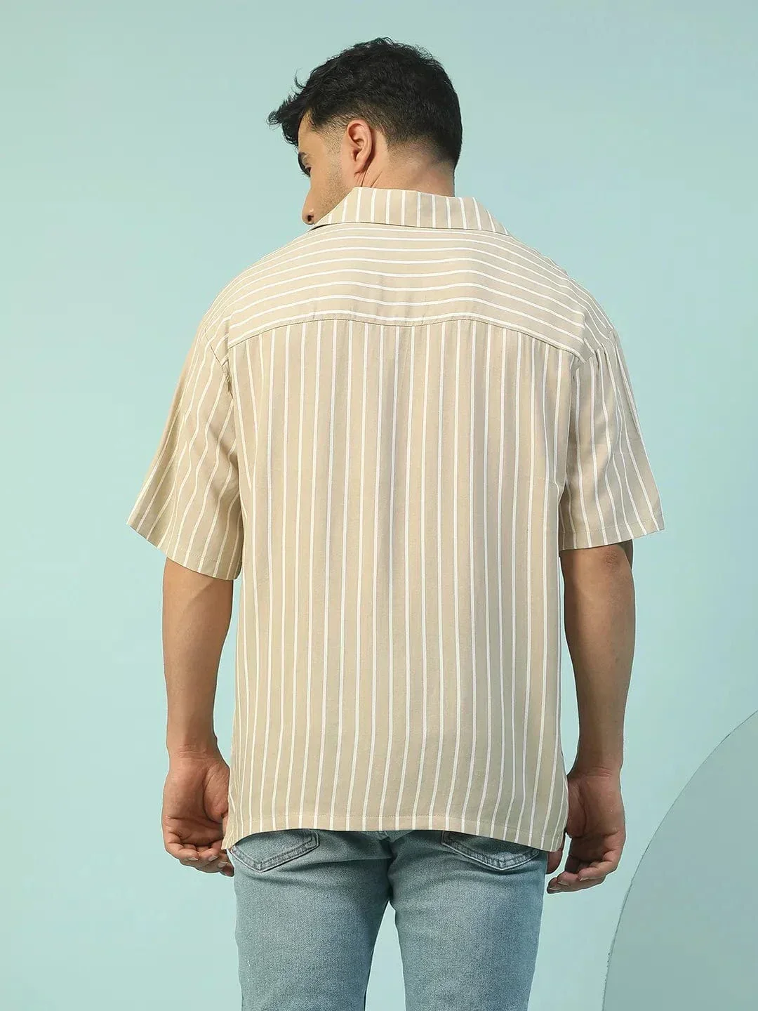King Beige Stripe Print Lapel Collar Short Sleeve Oversized Men Shirt - Image 6