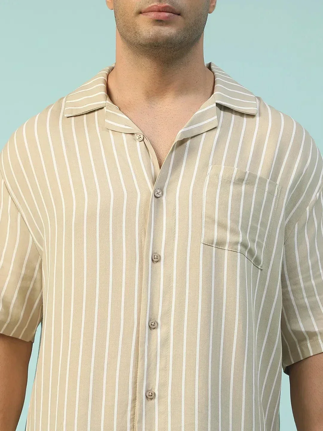 King Beige Stripe Print Lapel Collar Short Sleeve Oversized Men Shirt - Image 7