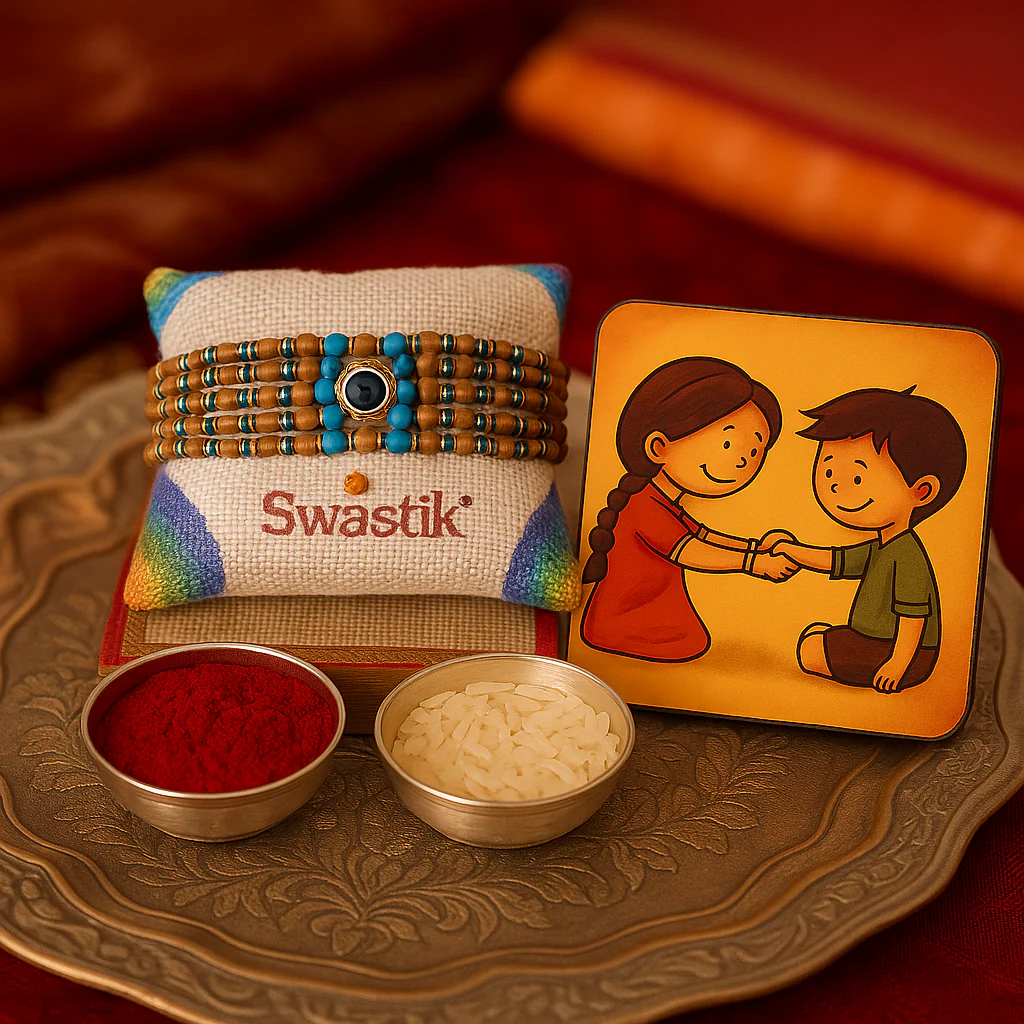 King Kalai Rakhi with Coaster, Kumkum & Chawal | Premium Raksha Bandhan Gift Combo
