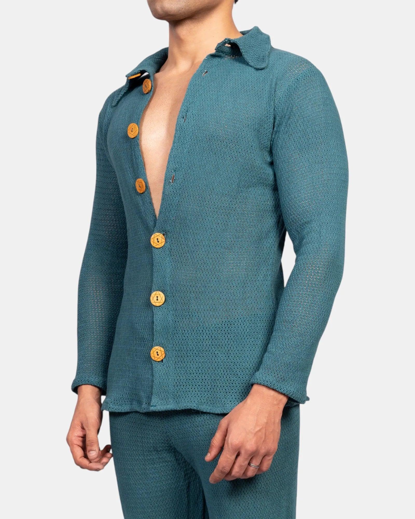 Knit Crochet Shirt /Teal Green - Image 5