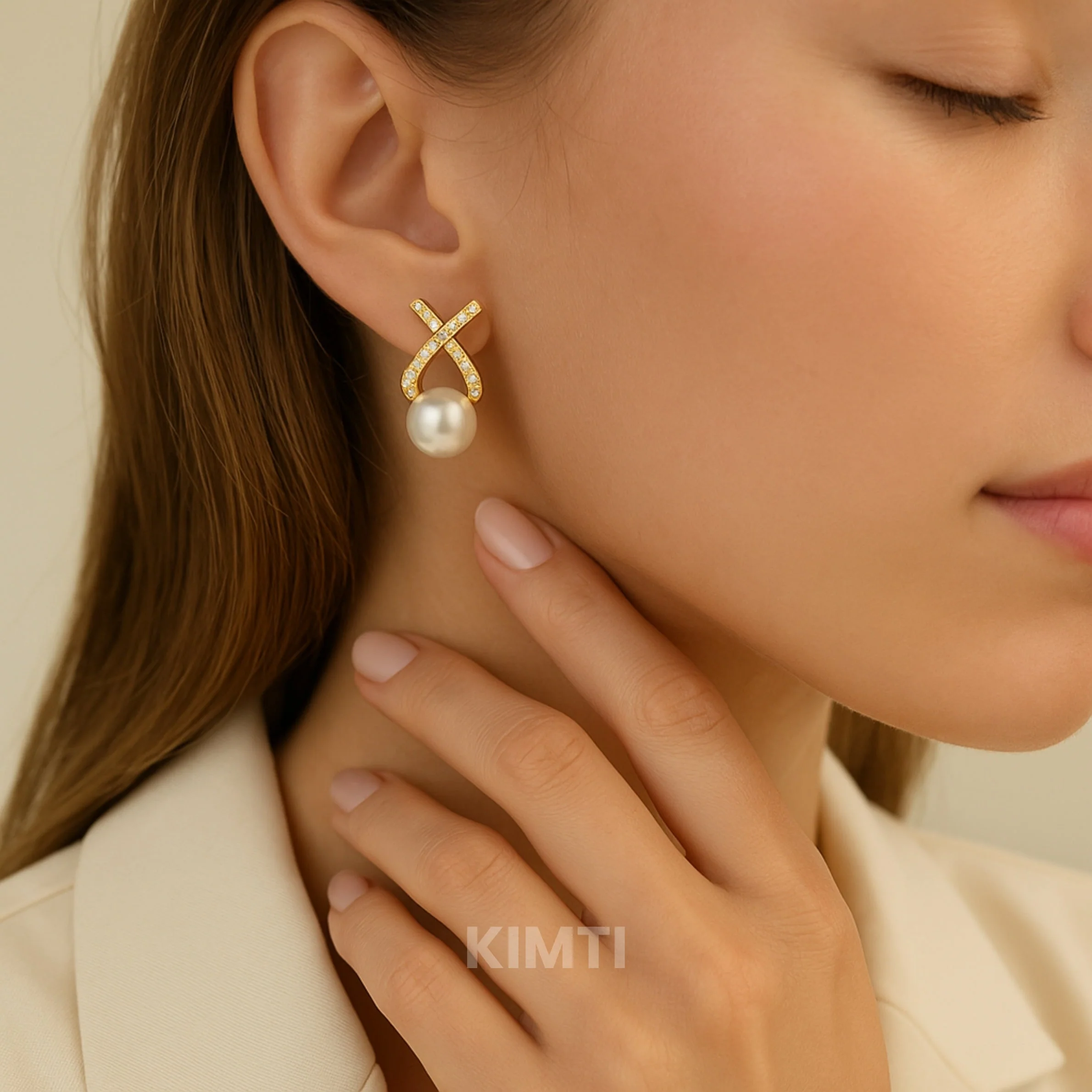 Korean Diamond Studded Cross Pearl Silver Stud Earring — Buy Any 5 for Rs. 599 - Image 2
