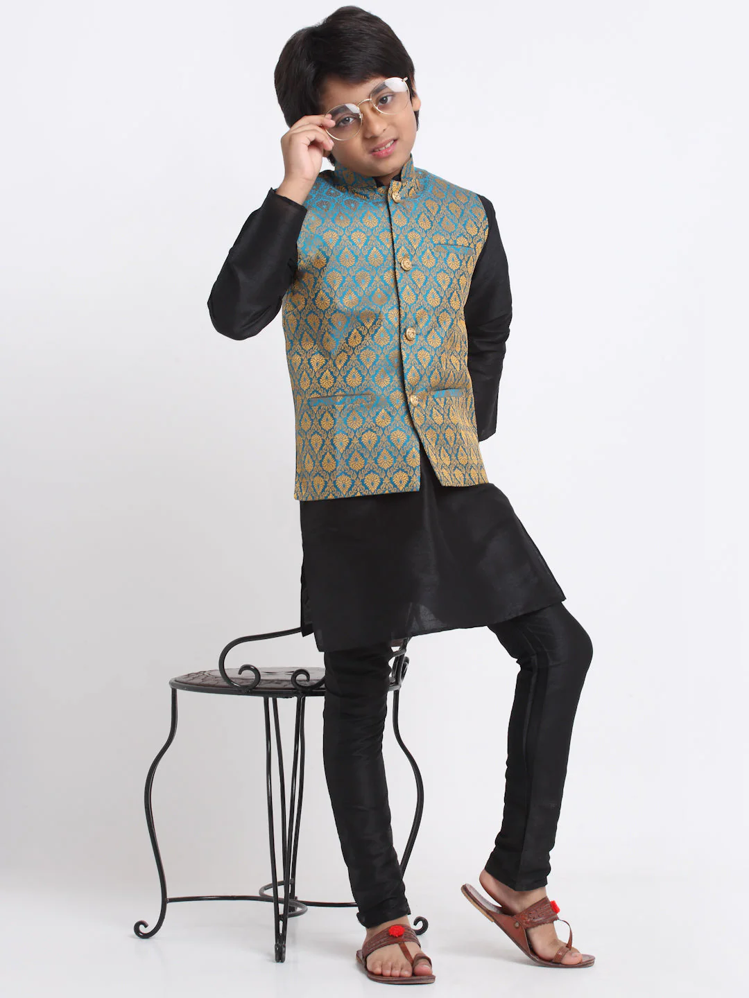 KRAFT INDIA Boy's Black Silk Blend Kurta and Churidar with Jacquard Blue Nehru Jacket - Image 2