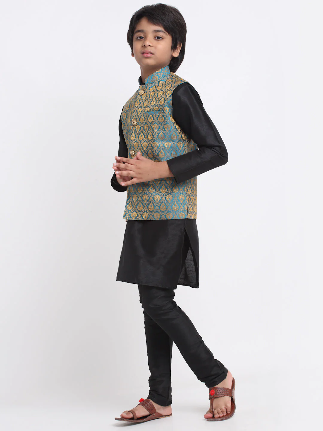 KRAFT INDIA Boy's Black Silk Blend Kurta and Churidar with Jacquard Blue Nehru Jacket - Image 3