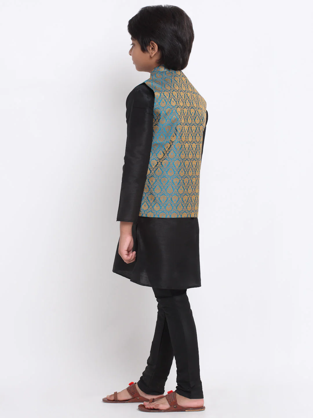 KRAFT INDIA Boy's Black Silk Blend Kurta and Churidar with Jacquard Blue Nehru Jacket - Image 4