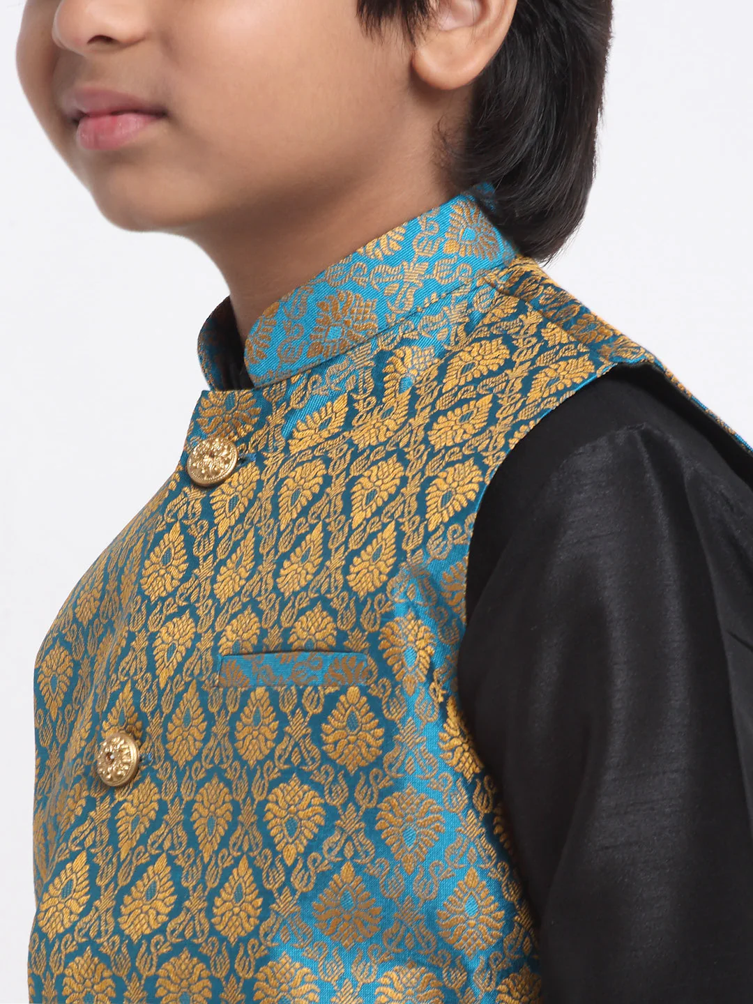 KRAFT INDIA Boy's Black Silk Blend Kurta and Churidar with Jacquard Blue Nehru Jacket - Image 5
