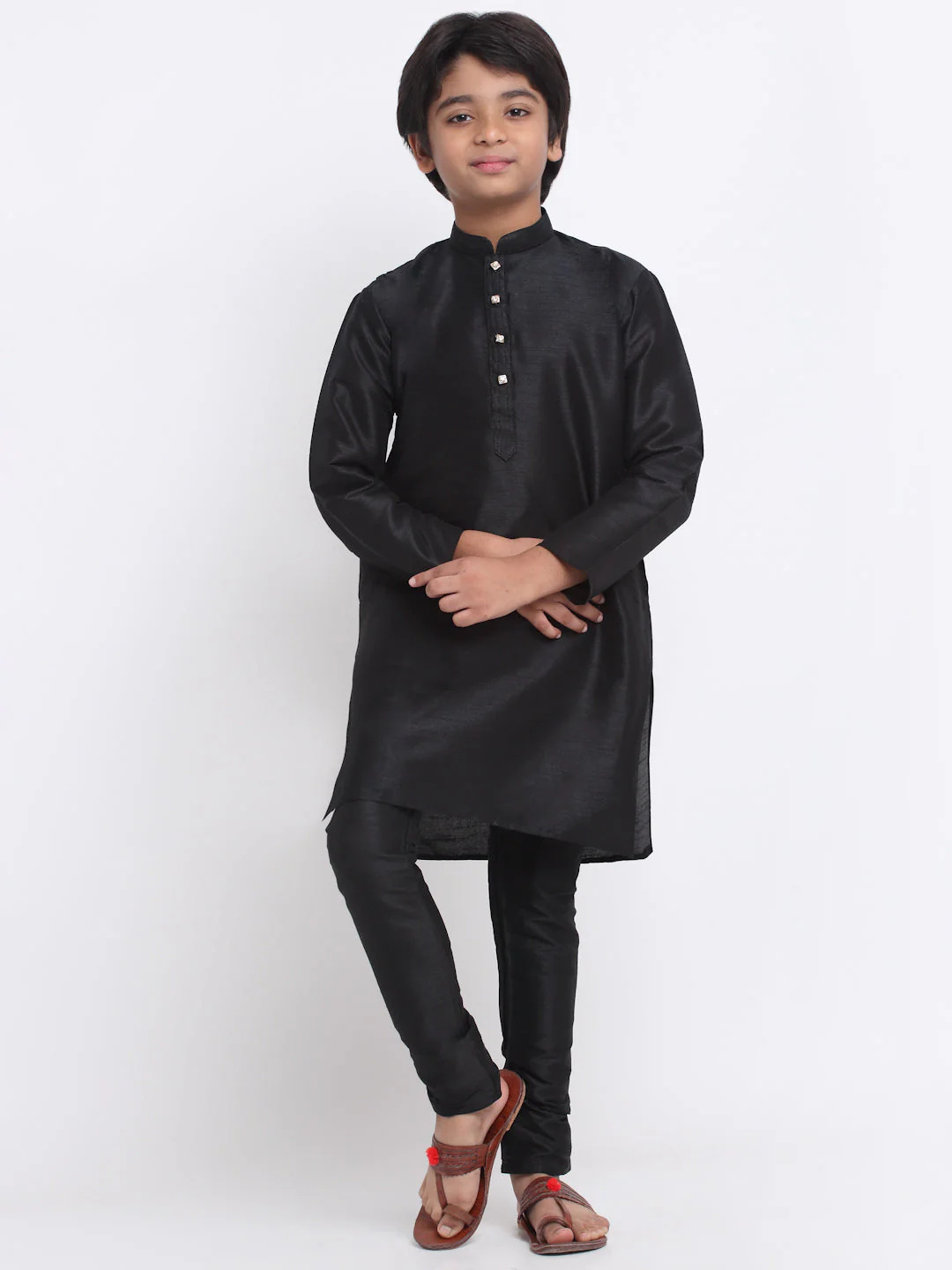 KRAFT INDIA Boy's Black Silk Blend Kurta and Churidar with Jacquard Blue Nehru Jacket - Image 6