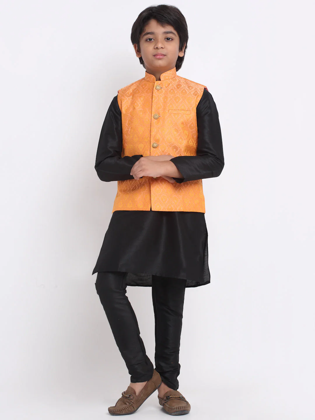 KRAFT INDIA Boy's Black Silk Blend Kurta and Churidar with Jacquard Peach Nehru Jacket