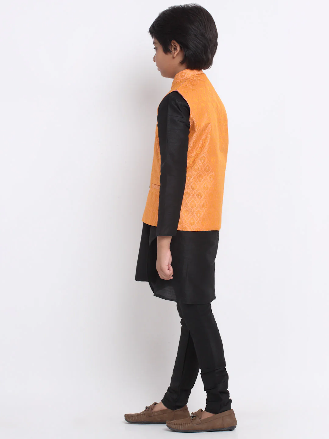 KRAFT INDIA Boy's Black Silk Blend Kurta and Churidar with Jacquard Peach Nehru Jacket - Image 2