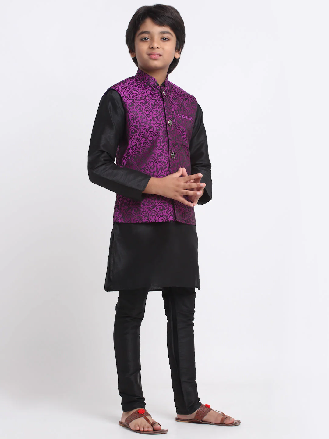 KRAFT INDIA Boys Black Silk Blend Kurta and Churidar with Jacquard Purple Nehru jacket