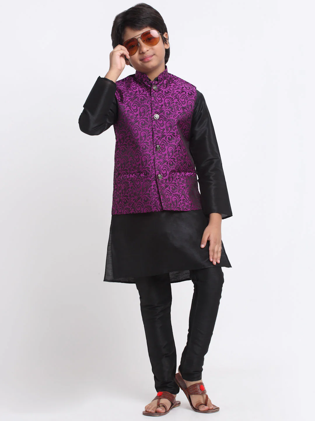 KRAFT INDIA Boys Black Silk Blend Kurta and Churidar with Jacquard Purple Nehru jacket - Image 3