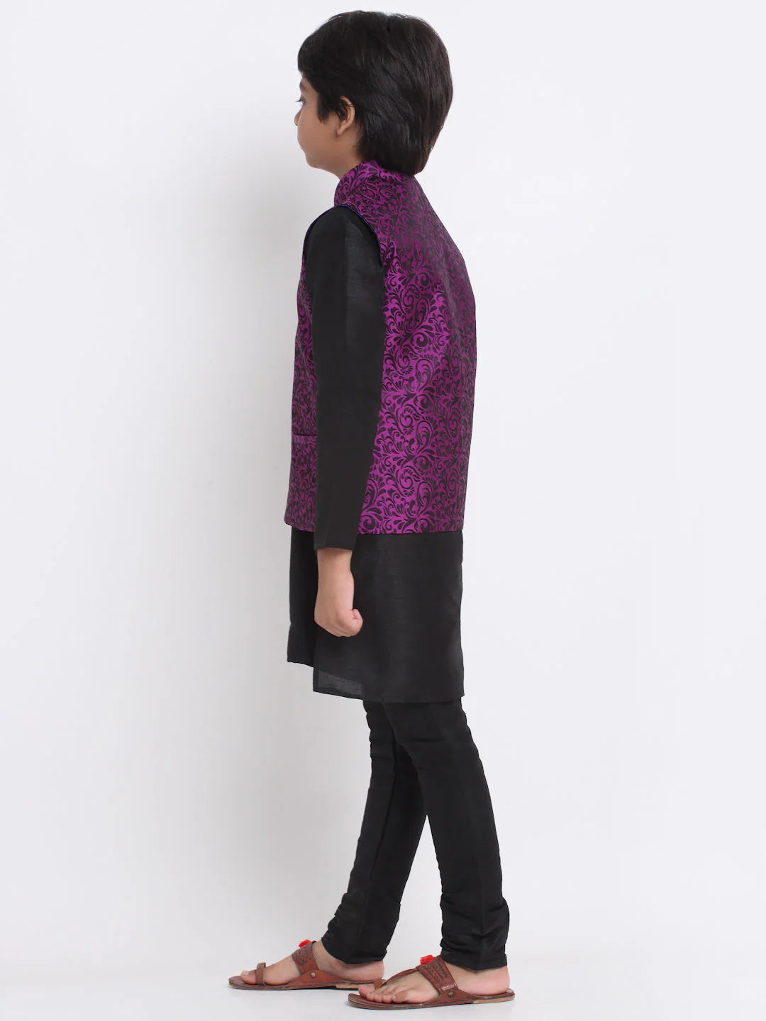 KRAFT INDIA Boys Black Silk Blend Kurta and Churidar with Jacquard Purple Nehru jacket - Image 4