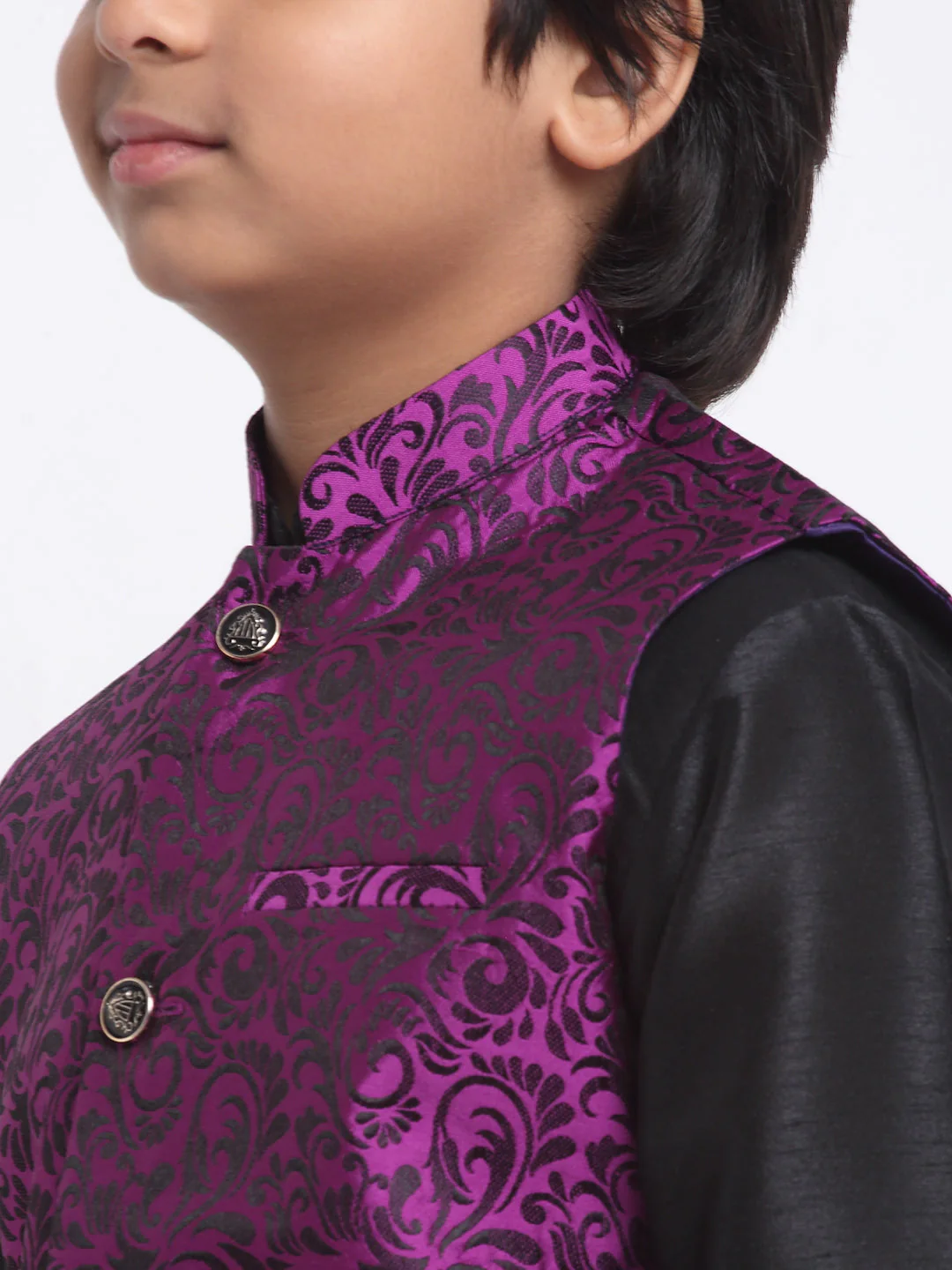 KRAFT INDIA Boys Black Silk Blend Kurta and Churidar with Jacquard Purple Nehru jacket - Image 5