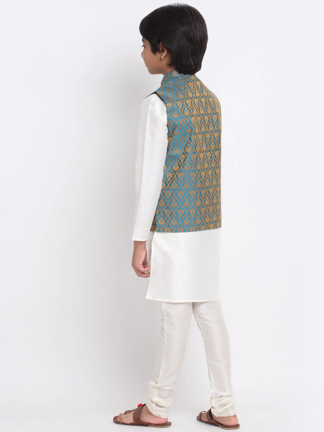 KRAFT INDIA Boy's Cream Silk Blend Kurta and Churidar with Jacquard Blue Nehru Jacket - Image 5