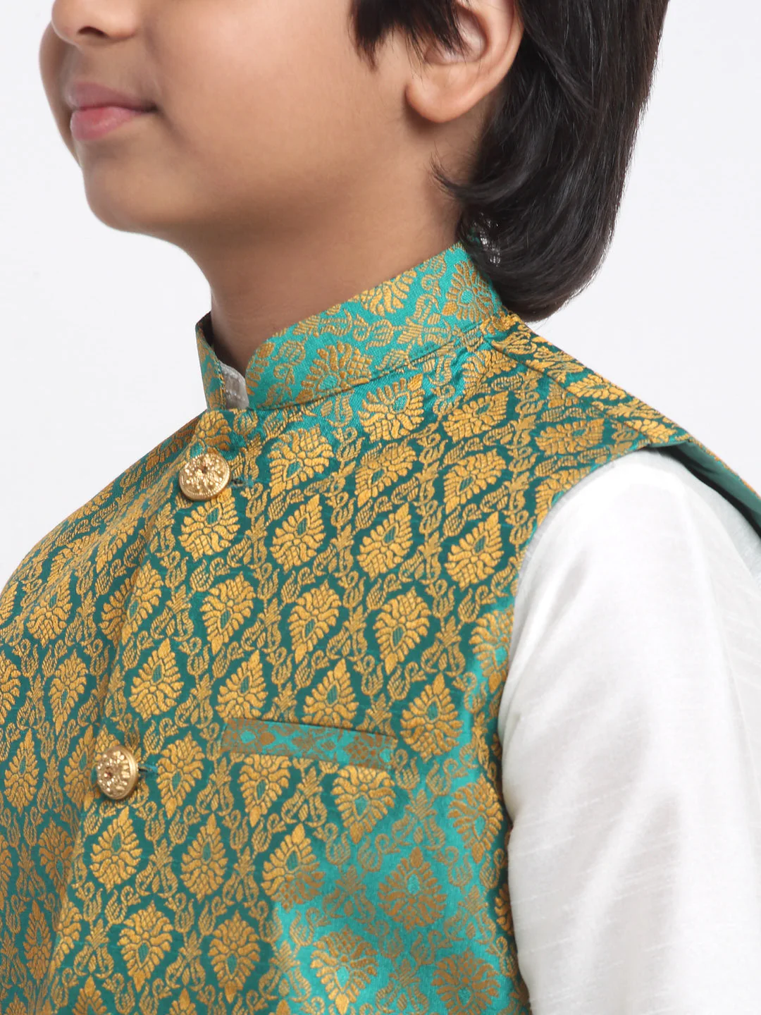KRAFT INDIA Boy's Cream Silk Blend Kurta and Churidar with Jacquard Green Nehru Jacket - Image 5