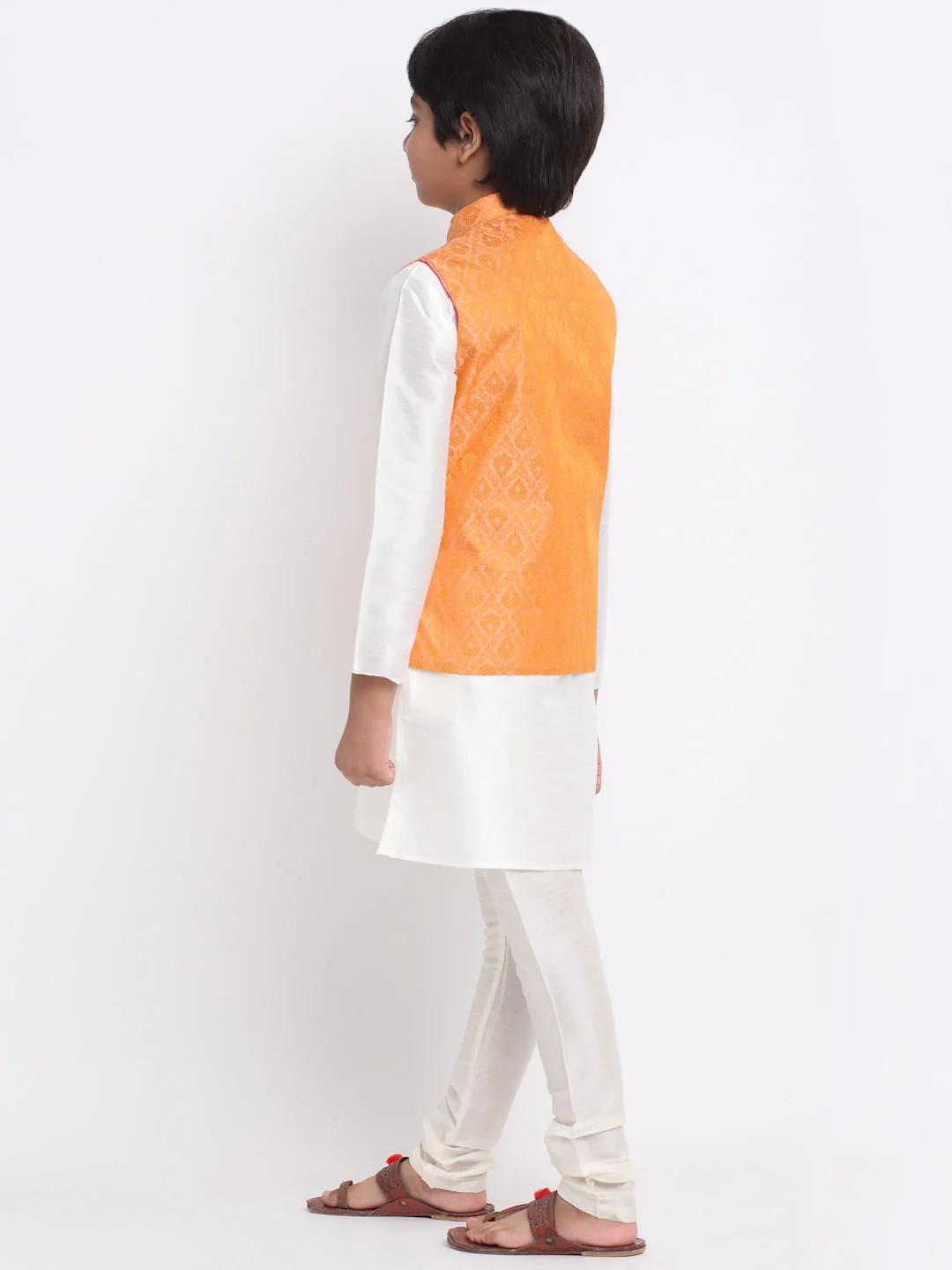 KRAFT INDIA Boy's Cream Silk Blend Kurta and Churidar with Jacquard Peach Nehru Jacket - Image 4