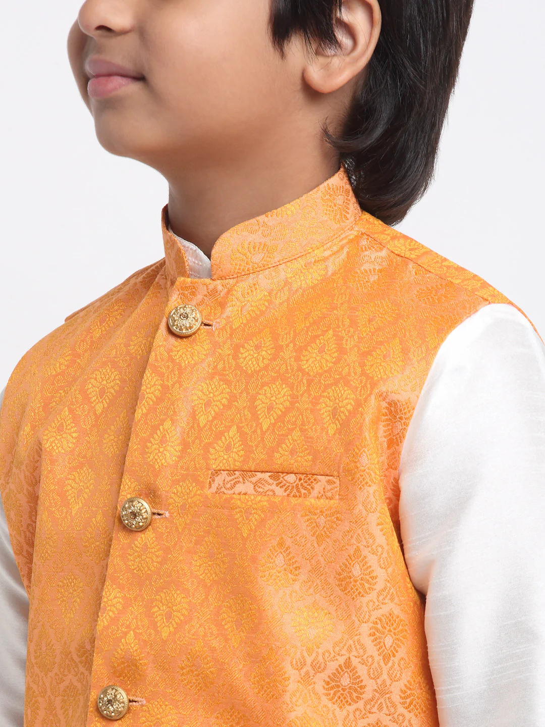 KRAFT INDIA Boy's Cream Silk Blend Kurta and Churidar with Jacquard Peach Nehru Jacket - Image 5