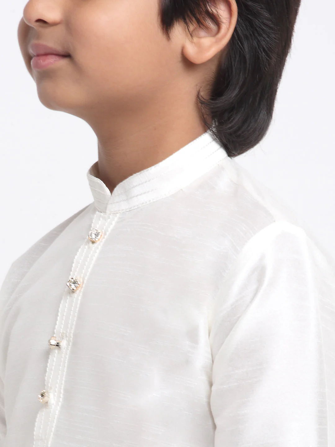 KRAFT INDIA Boy's Cream Silk Blend Kurta and Churidar with Jacquard Peach Nehru Jacket - Image 7