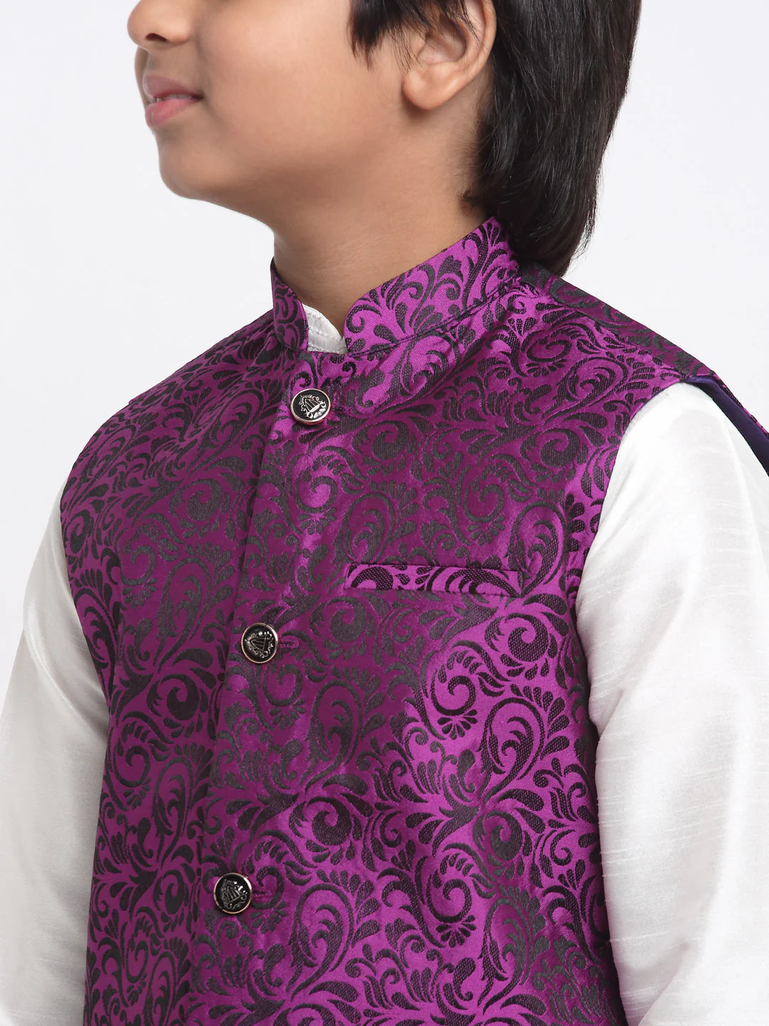 KRAFT INDIA Boys Cream Silk Blend Kurta and churidar with Jacquard Purple Nehru jacket - Image 5