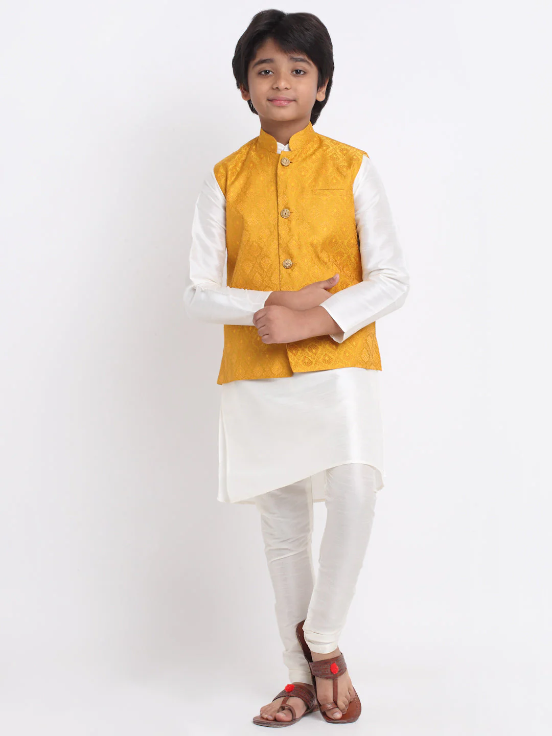 KRAFT INDIA Boy's Cream Silk Blend Kurta and Churidar with Jacquard Yellow Nehru Jacket