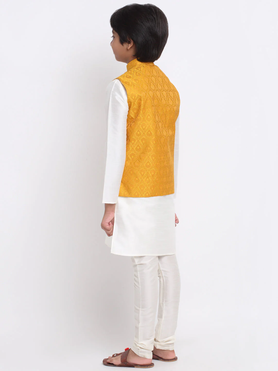 KRAFT INDIA Boy's Cream Silk Blend Kurta and Churidar with Jacquard Yellow Nehru Jacket - Image 3