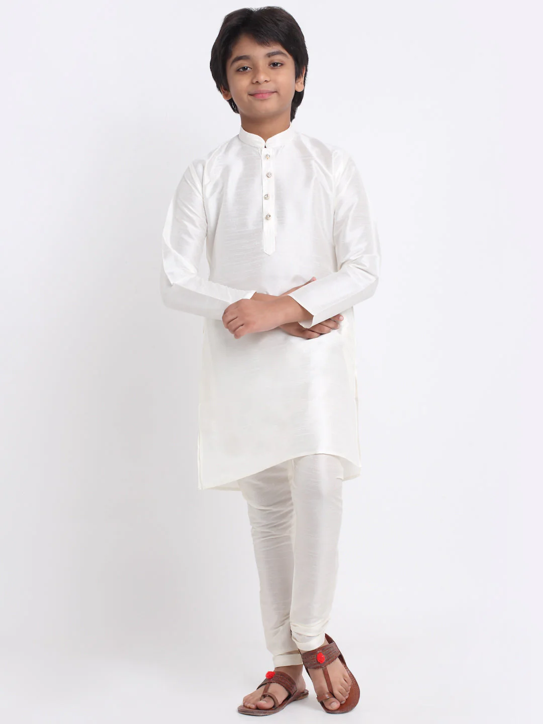 KRAFT INDIA Boy's Cream Silk Blend Kurta and Churidar with Jacquard Yellow Nehru Jacket - Image 7