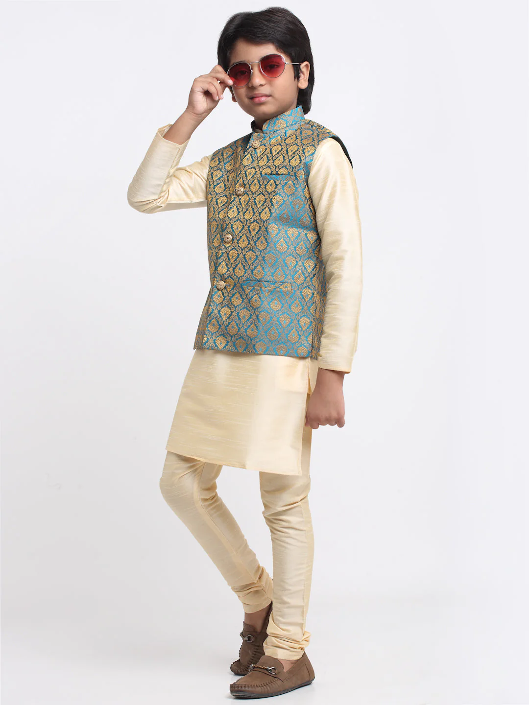 KRAFT INDIA Boy's Fawn Silk Blend Kurta and Churidar with Jacquard Blue Nehru Jacket - Image 3