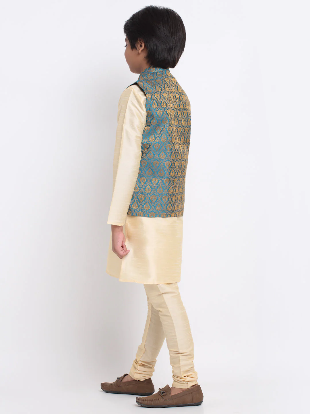 KRAFT INDIA Boy's Fawn Silk Blend Kurta and Churidar with Jacquard Blue Nehru Jacket - Image 4