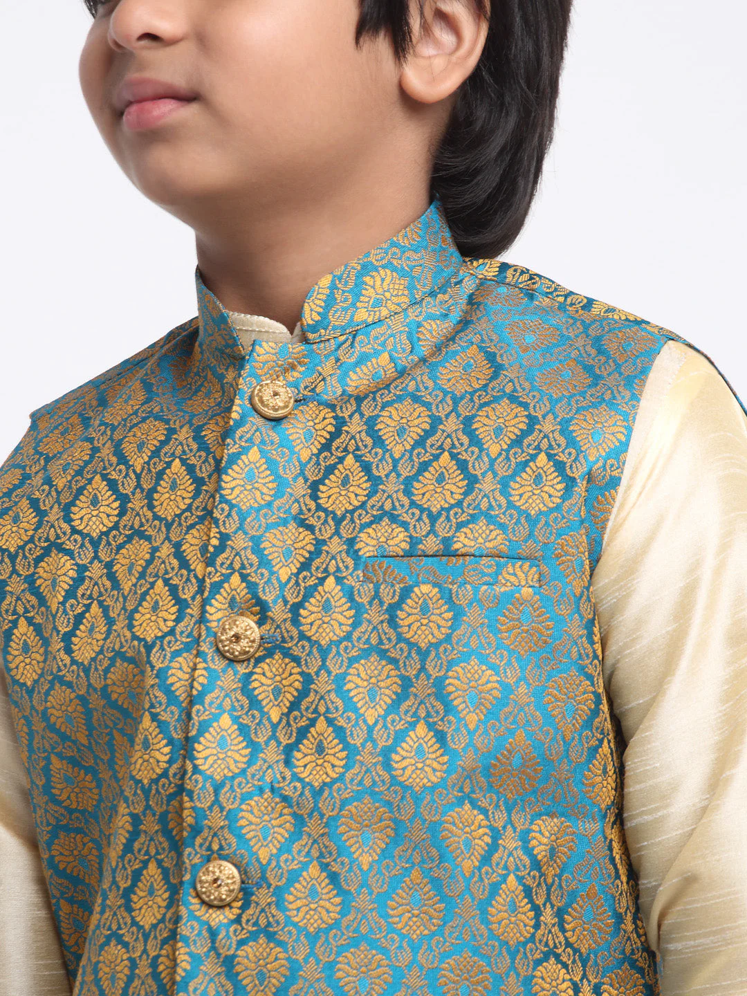 KRAFT INDIA Boy's Fawn Silk Blend Kurta and Churidar with Jacquard Blue Nehru Jacket - Image 5