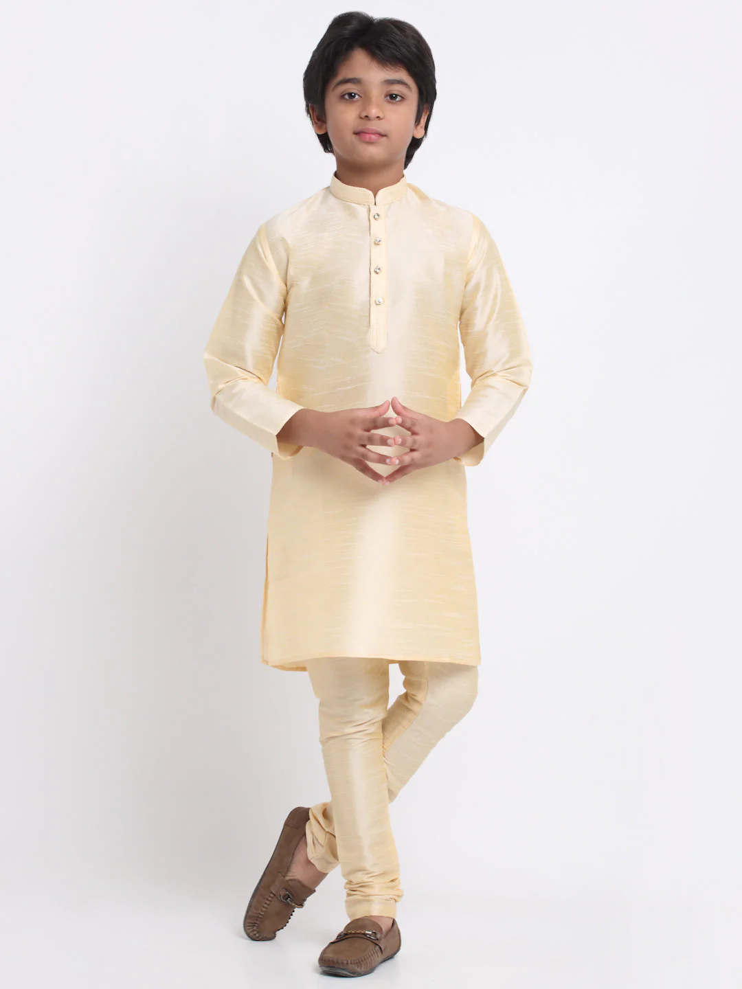 KRAFT INDIA Boy's Fawn Silk Blend Kurta and Churidar with Jacquard Blue Nehru Jacket - Image 7