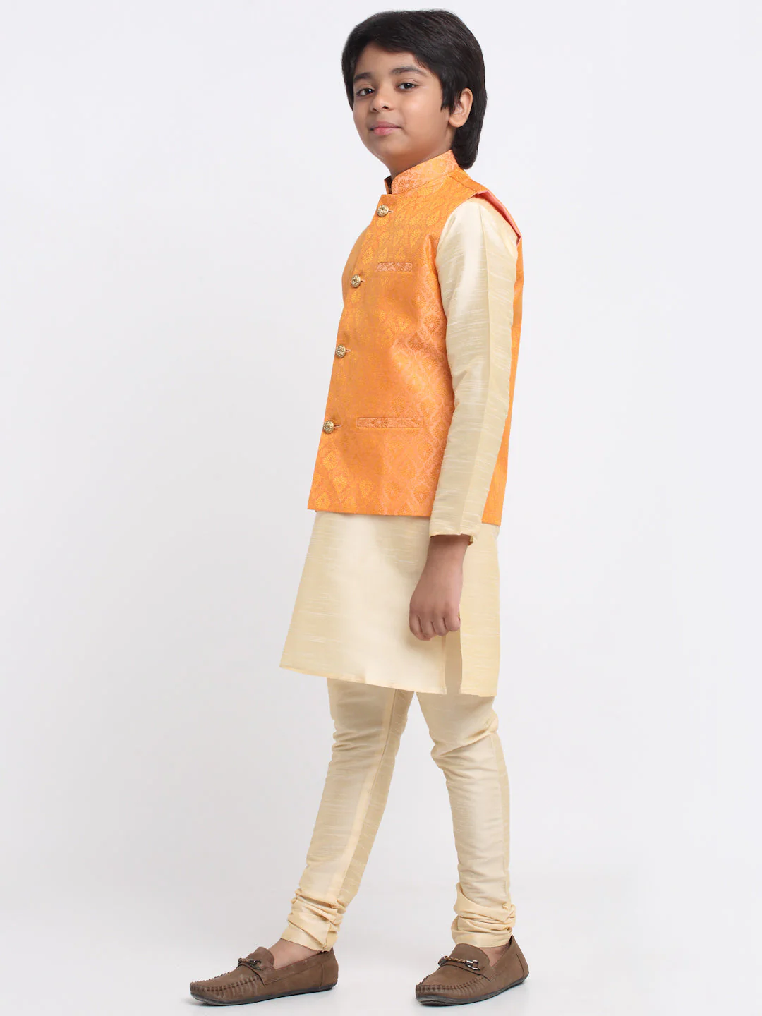 KRAFT INDIA Boy's Fawn Silk Blend Kurta and Churidar with Jacquard Peach Nehru Jacket - Image 2