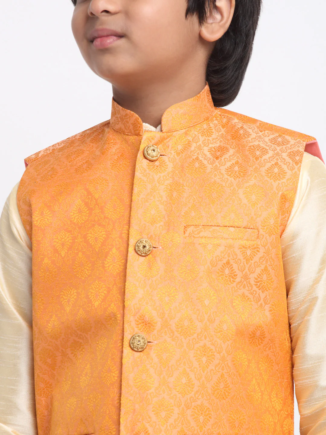 KRAFT INDIA Boy's Fawn Silk Blend Kurta and Churidar with Jacquard Peach Nehru Jacket - Image 5