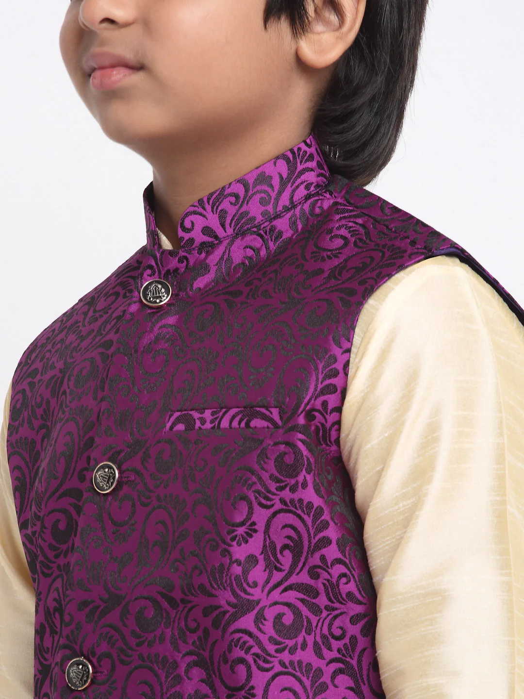 KRAFT INDIA Boys Fawn Silk Blend Kurta and Churidar with Jacquard Purple Nehru jacket - Image 5