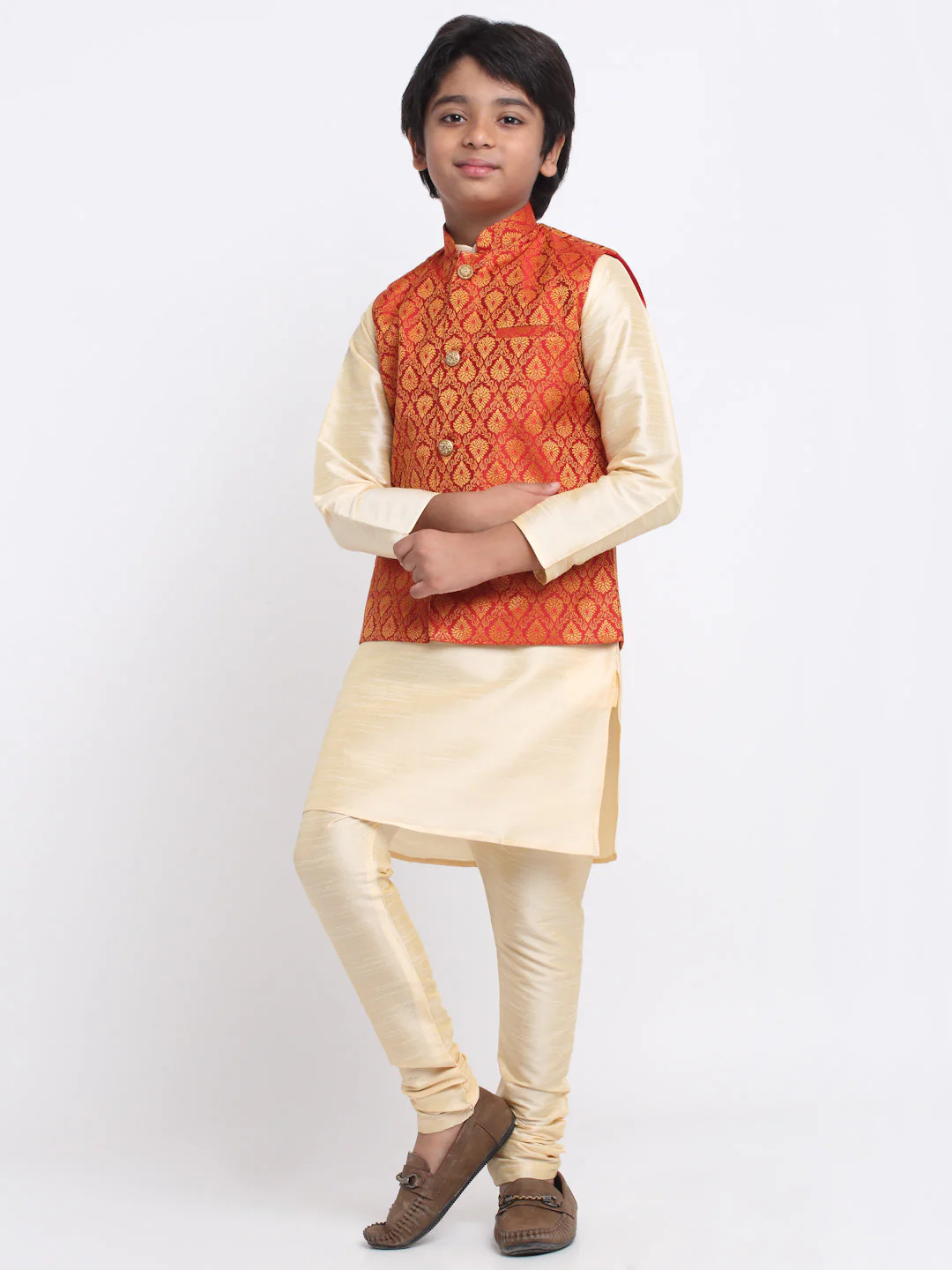 KRAFT INDIA Boy's Fawn Silk Blend Kurta and Churidar with Jacquard Red Nehru Jacket