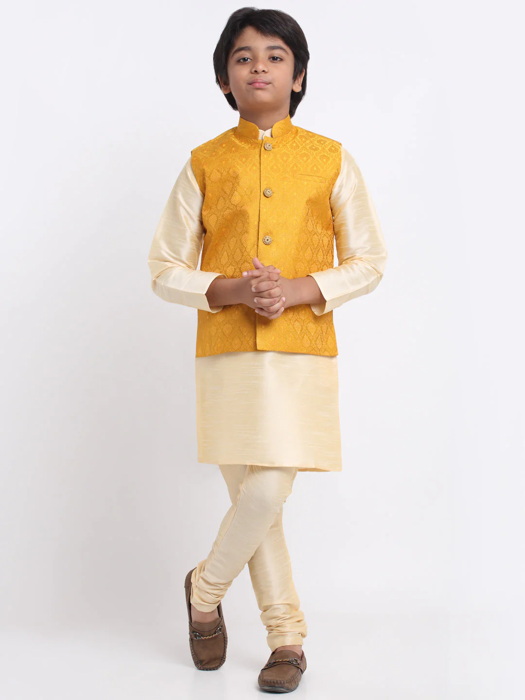 KRAFT INDIA Boy's Fawn Silk Blend Kurta and Churidar with Jacquard Yellow Nehru Jacket
