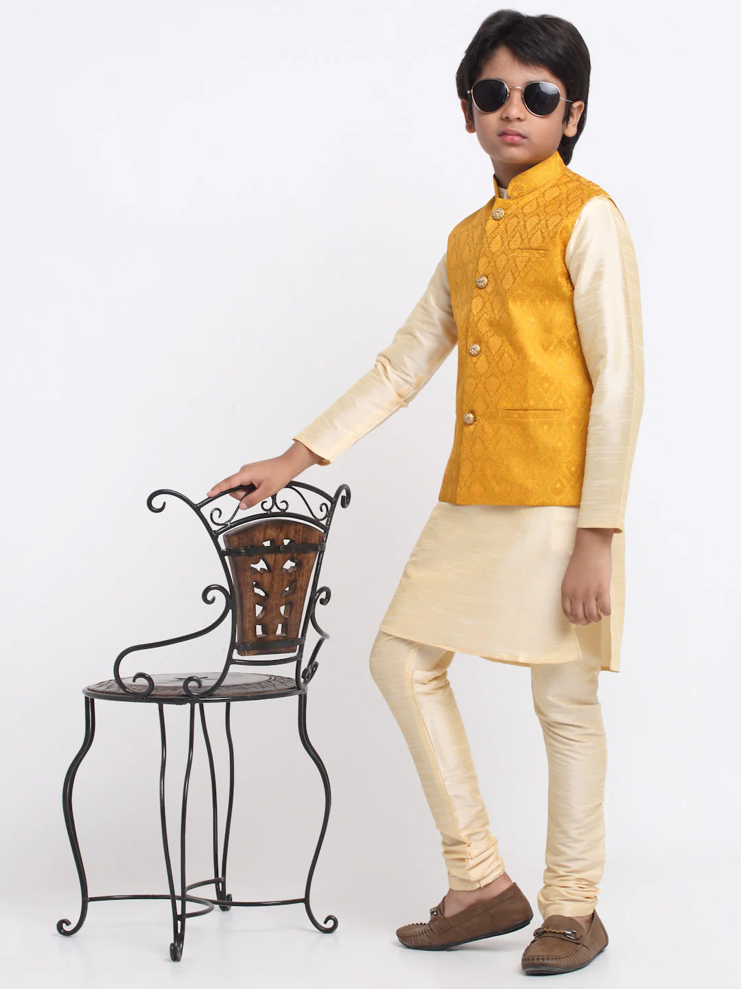 KRAFT INDIA Boy's Fawn Silk Blend Kurta and Churidar with Jacquard Yellow Nehru Jacket - Image 3