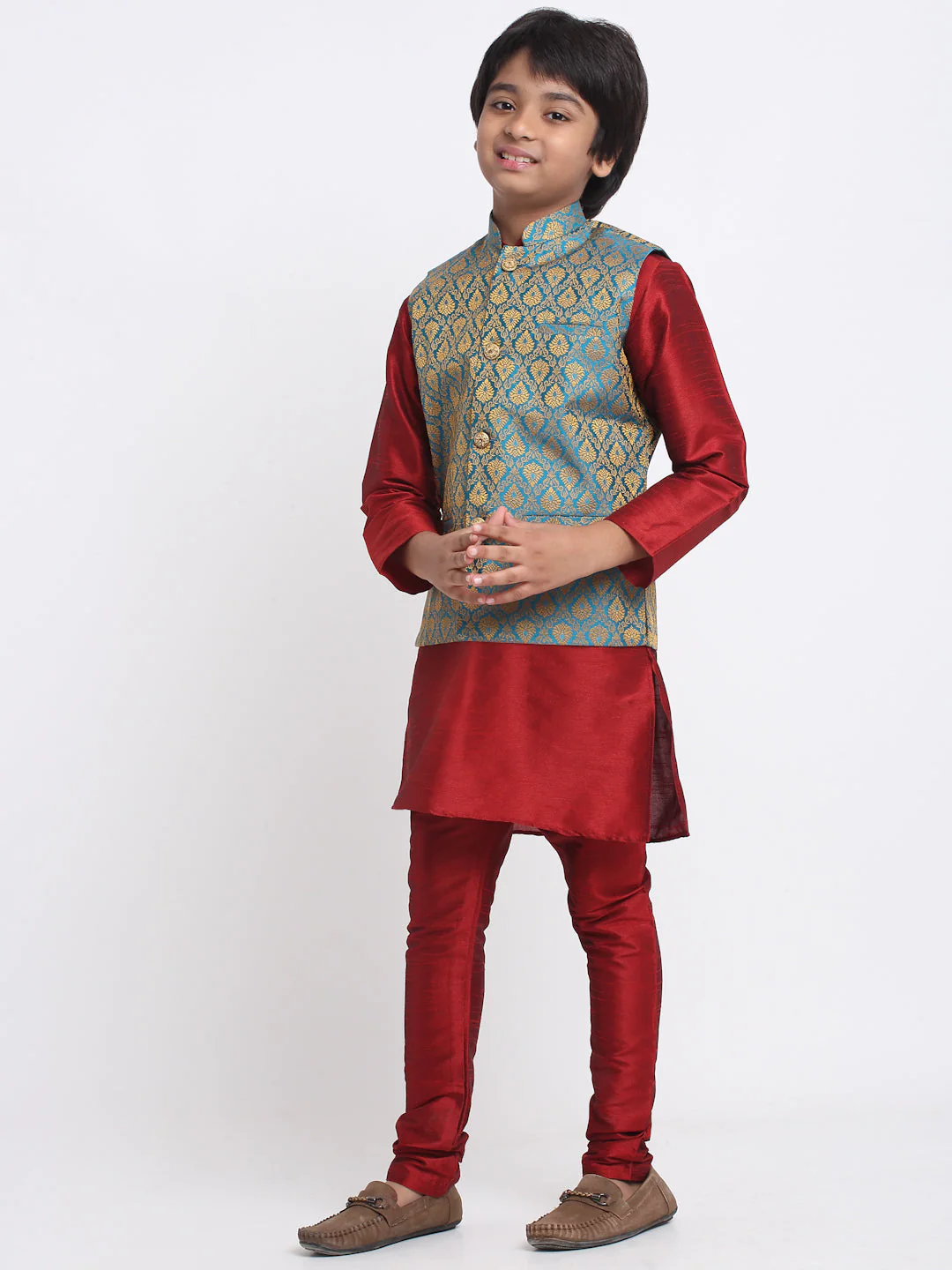 KRAFT INDIA Boys Maroon Silk Blend Kurta and churidar with Jacquard Blue Nehru jacket