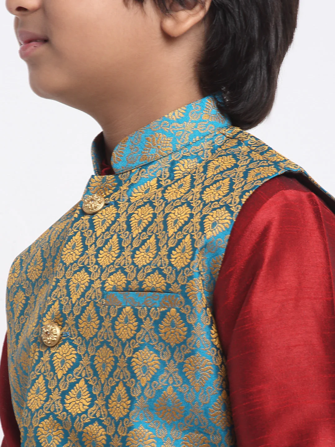 KRAFT INDIA Boys Maroon Silk Blend Kurta and churidar with Jacquard Blue Nehru jacket - Image 4