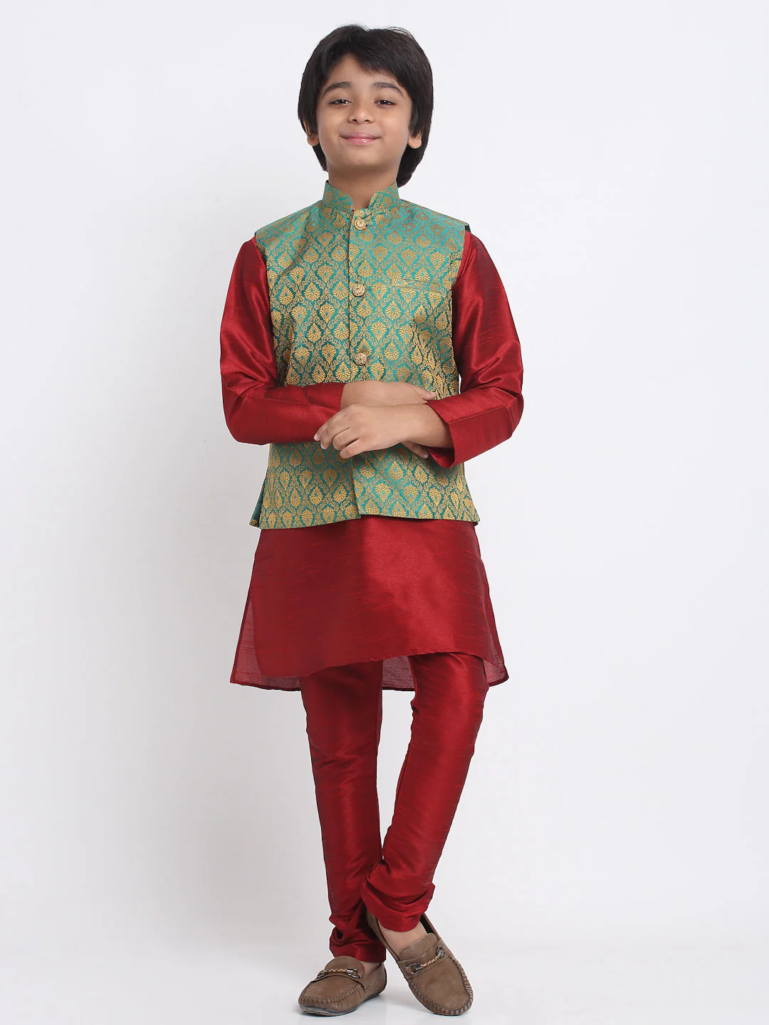 KRAFT INDIA Boys Maroon Silk Blend Kurta and Churidar with Jacquard Green Nehru jacket