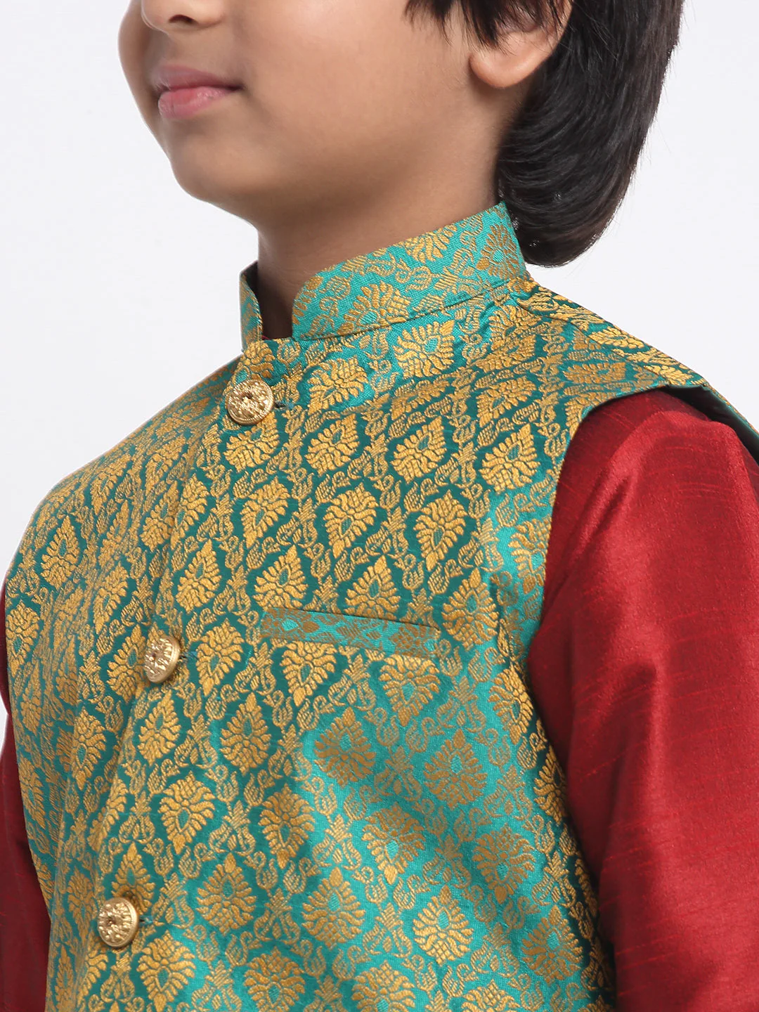 KRAFT INDIA Boys Maroon Silk Blend Kurta and Churidar with Jacquard Green Nehru jacket - Image 5