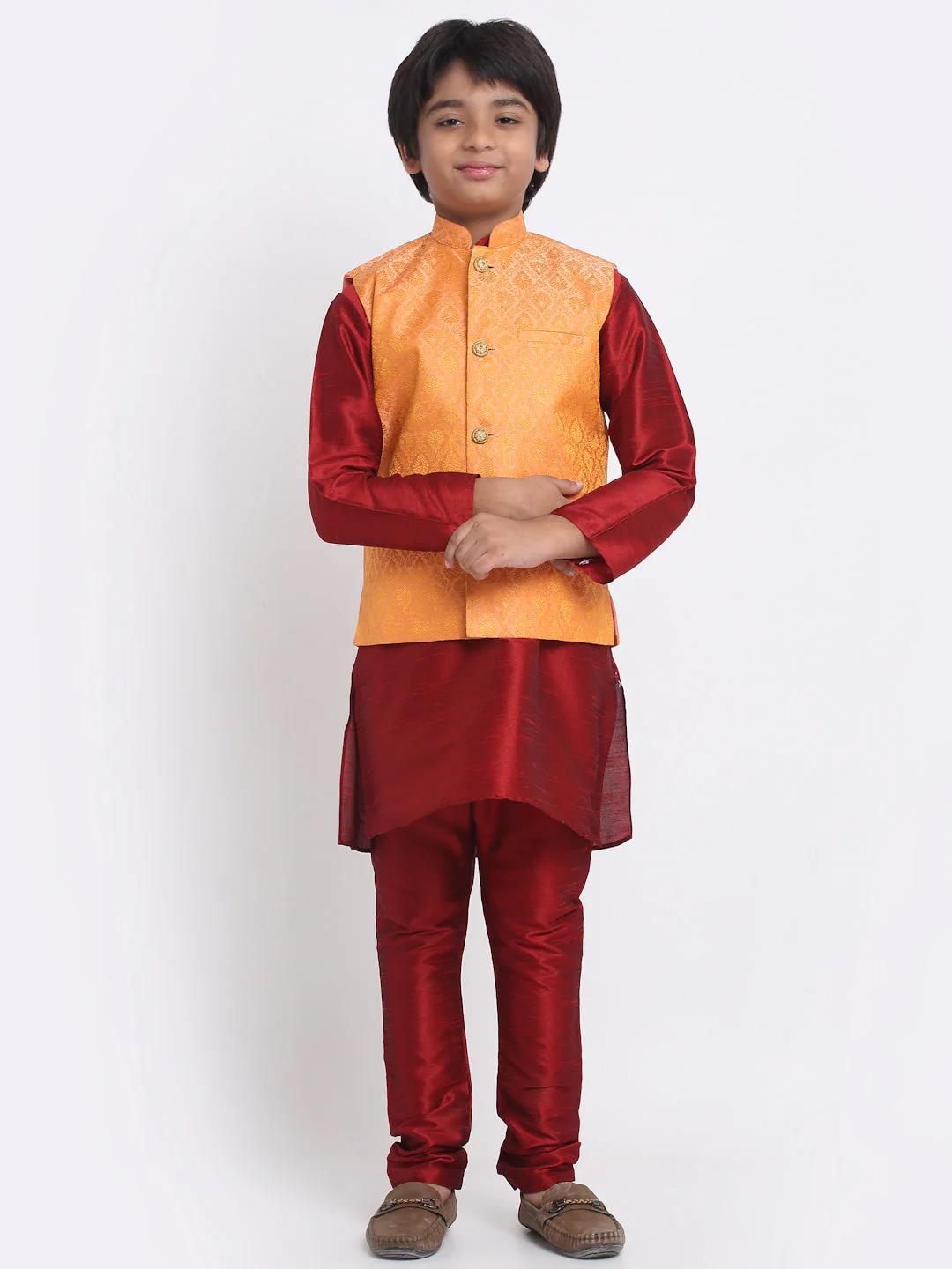 KRAFT INDIA Boys Maroon Silk Blend Kurta and Churidar with Jacquard Peach Nehru jacket - Image 2