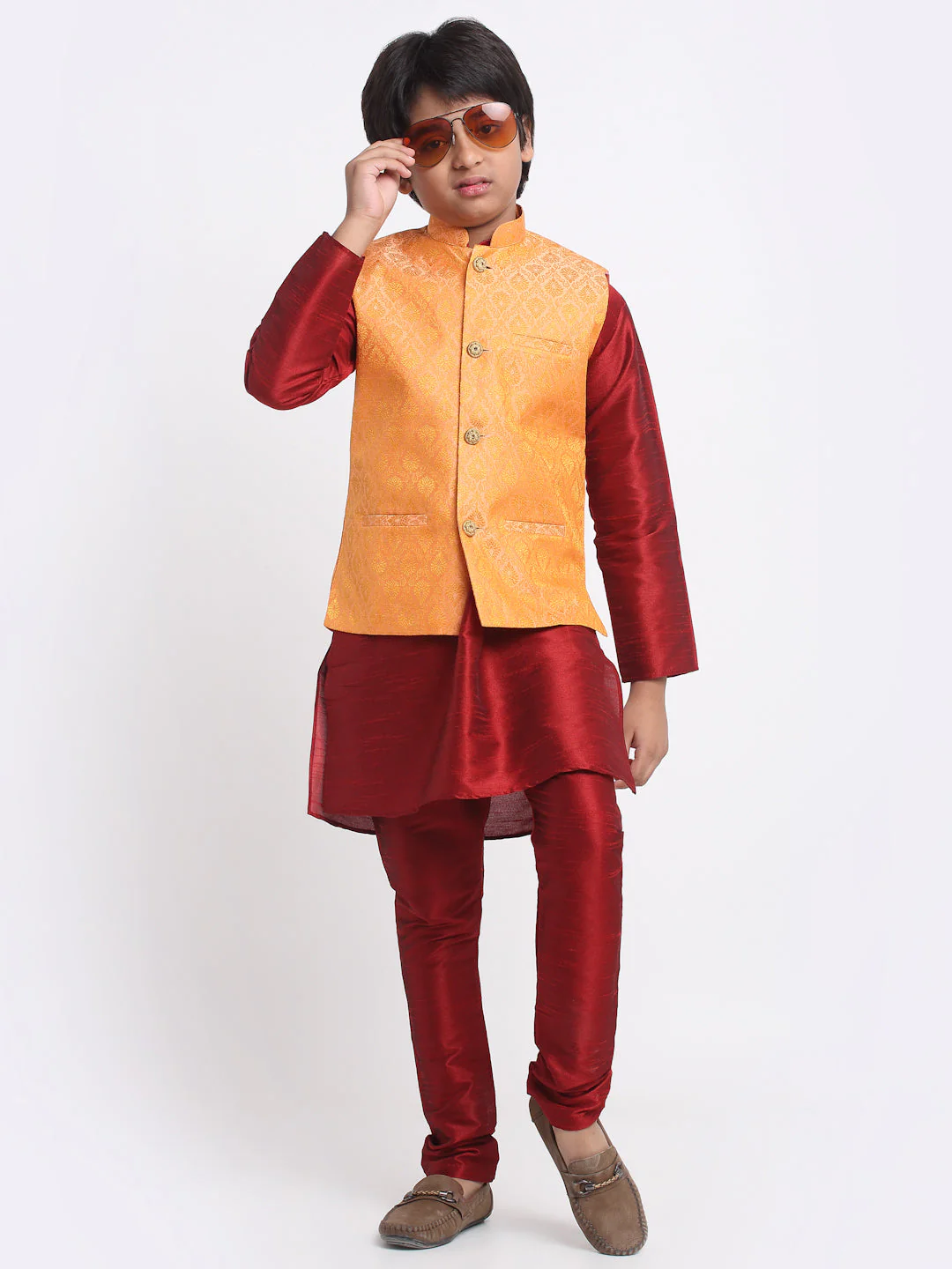 KRAFT INDIA Boys Maroon Silk Blend Kurta and Churidar with Jacquard Peach Nehru jacket - Image 4