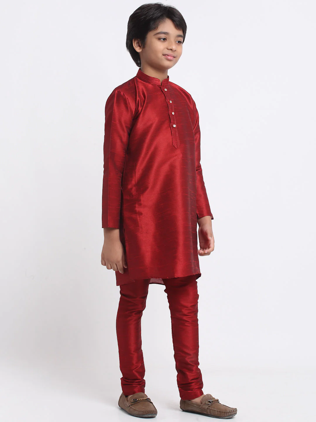KRAFT INDIA Boys Maroon Silk Blend Kurta and Churidar with Jacquard Peach Nehru jacket - Image 7