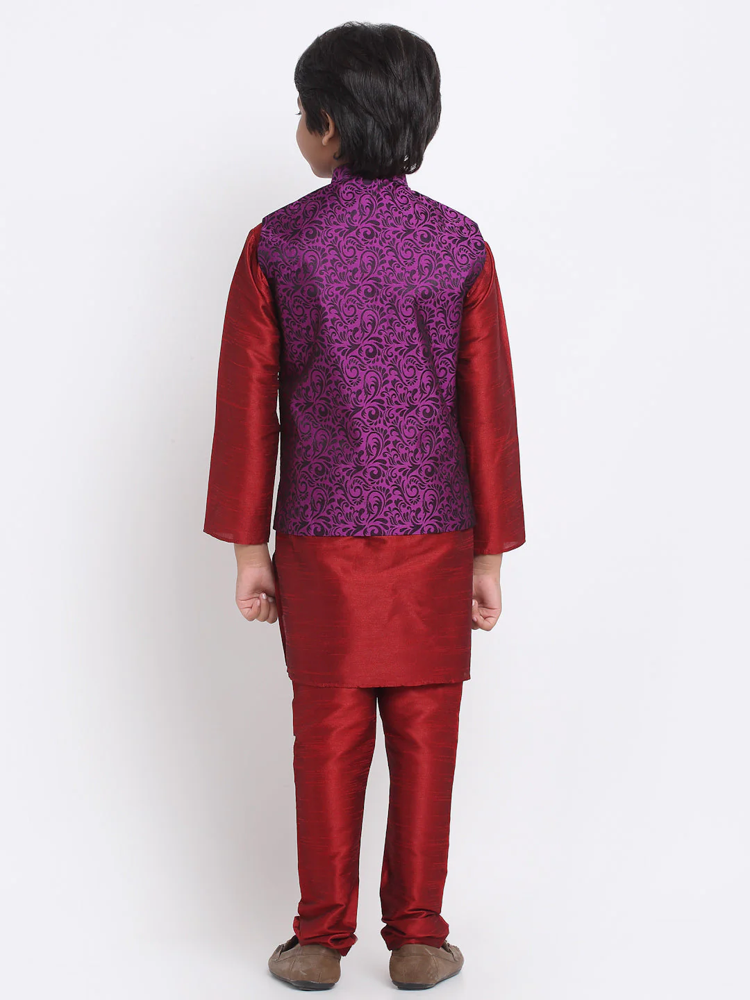 KRAFT INDIA Boys Maroon Silk Blend Kurta and Churidar with Jacquard Purple Nehru jacket - Image 3