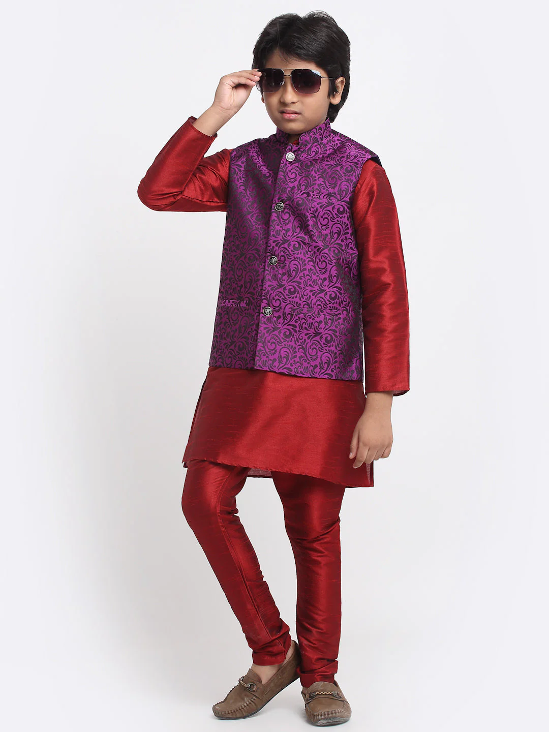 KRAFT INDIA Boys Maroon Silk Blend Kurta and Churidar with Jacquard Purple Nehru jacket - Image 4
