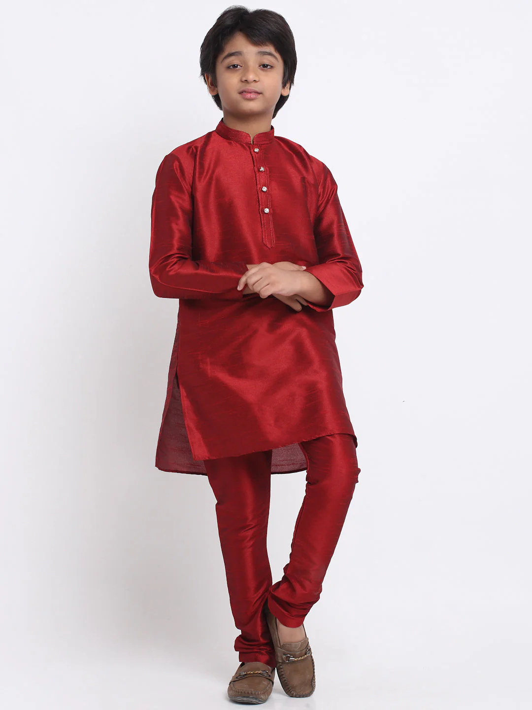 KRAFT INDIA Boys Maroon Silk Blend Kurta and Churidar with Jacquard Purple Nehru jacket - Image 8