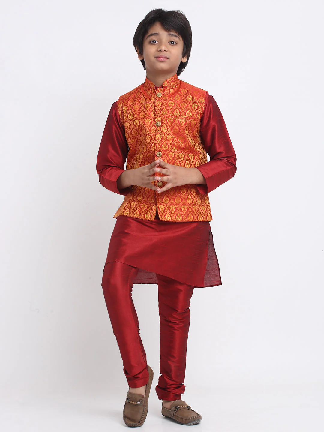 KRAFT INDIA Boys Maroon Silk Blend Kurta and Churidar with Jacquard Red Nehru jacket