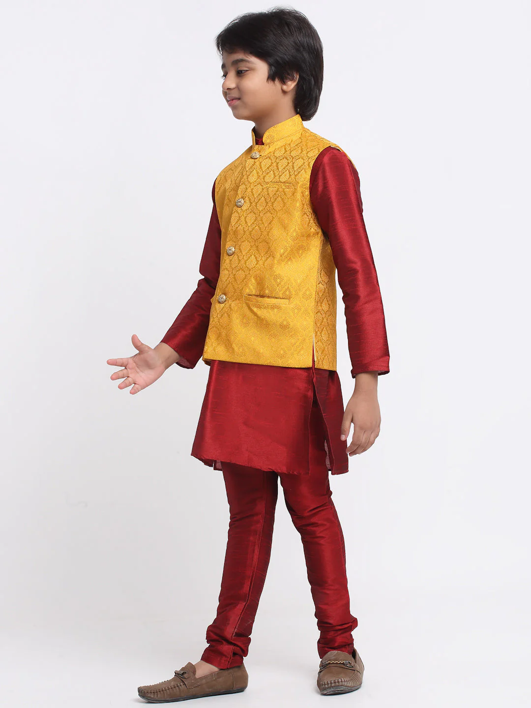 KRAFT INDIA Boys Maroon Silk Blend Kurta and Churidar with Jacquard Yellow Nehru jacket - Image 2
