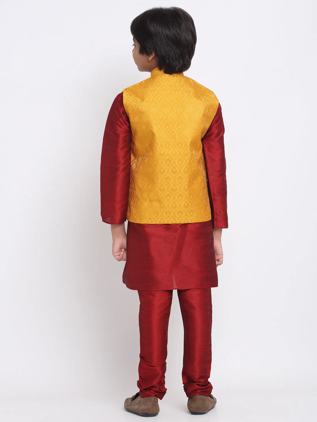 KRAFT INDIA Boys Maroon Silk Blend Kurta and Churidar with Jacquard Yellow Nehru jacket - Image 4