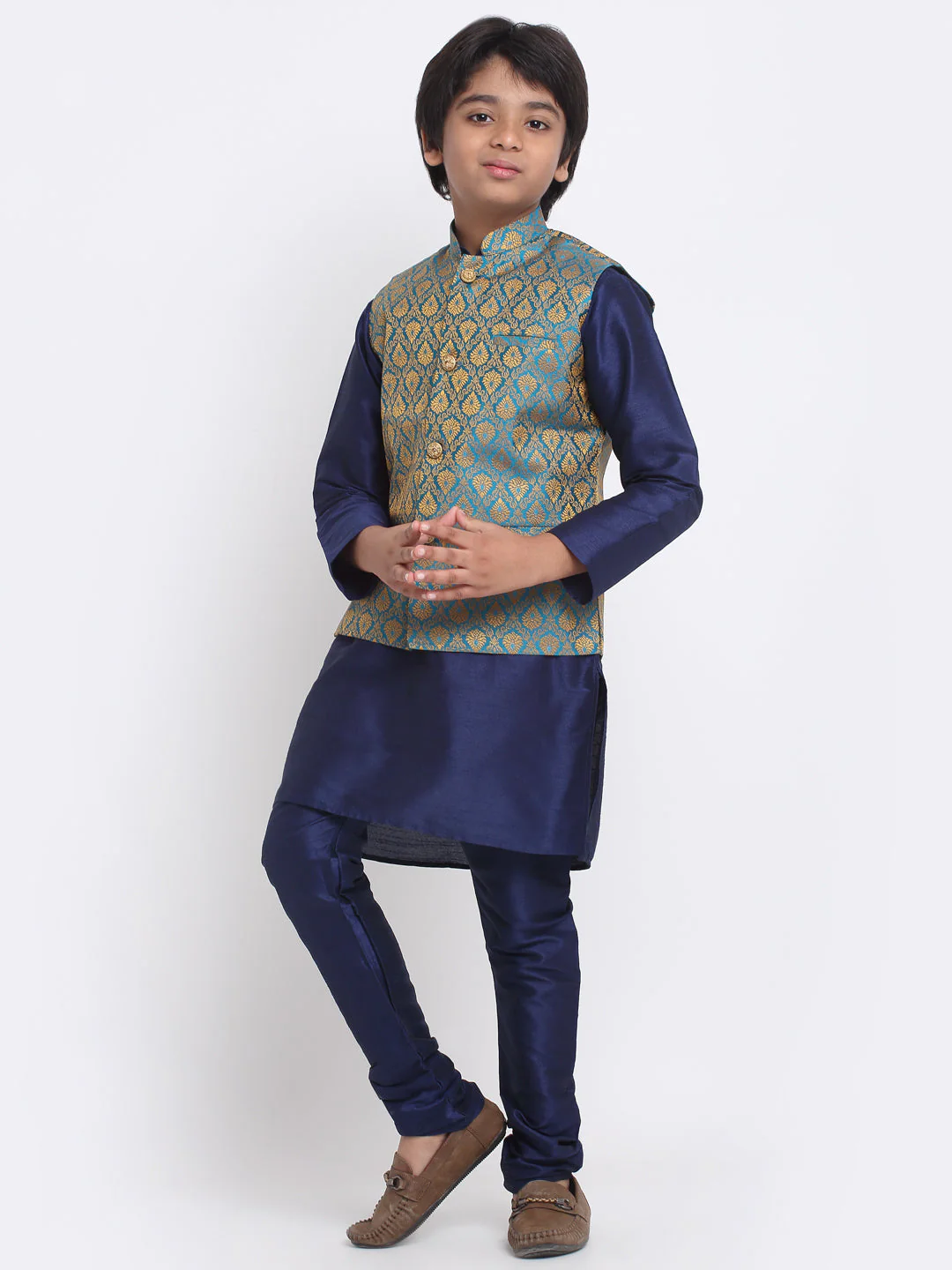 KRAFT INDIA Boys Navy Blue Silk Blend Kurta and Churidar with Jacquard Blue Nehru jacket